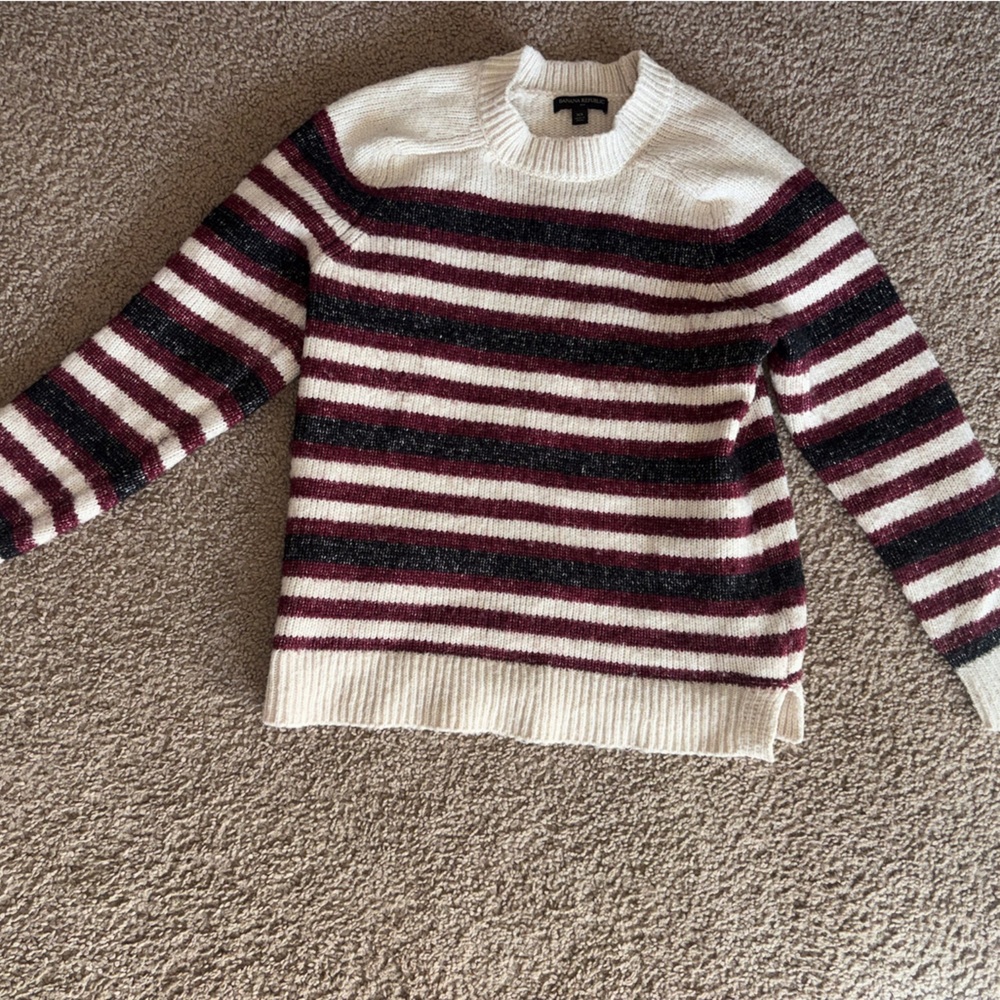 Banana Republic Striped Burgundy and Cream Women's Sweater